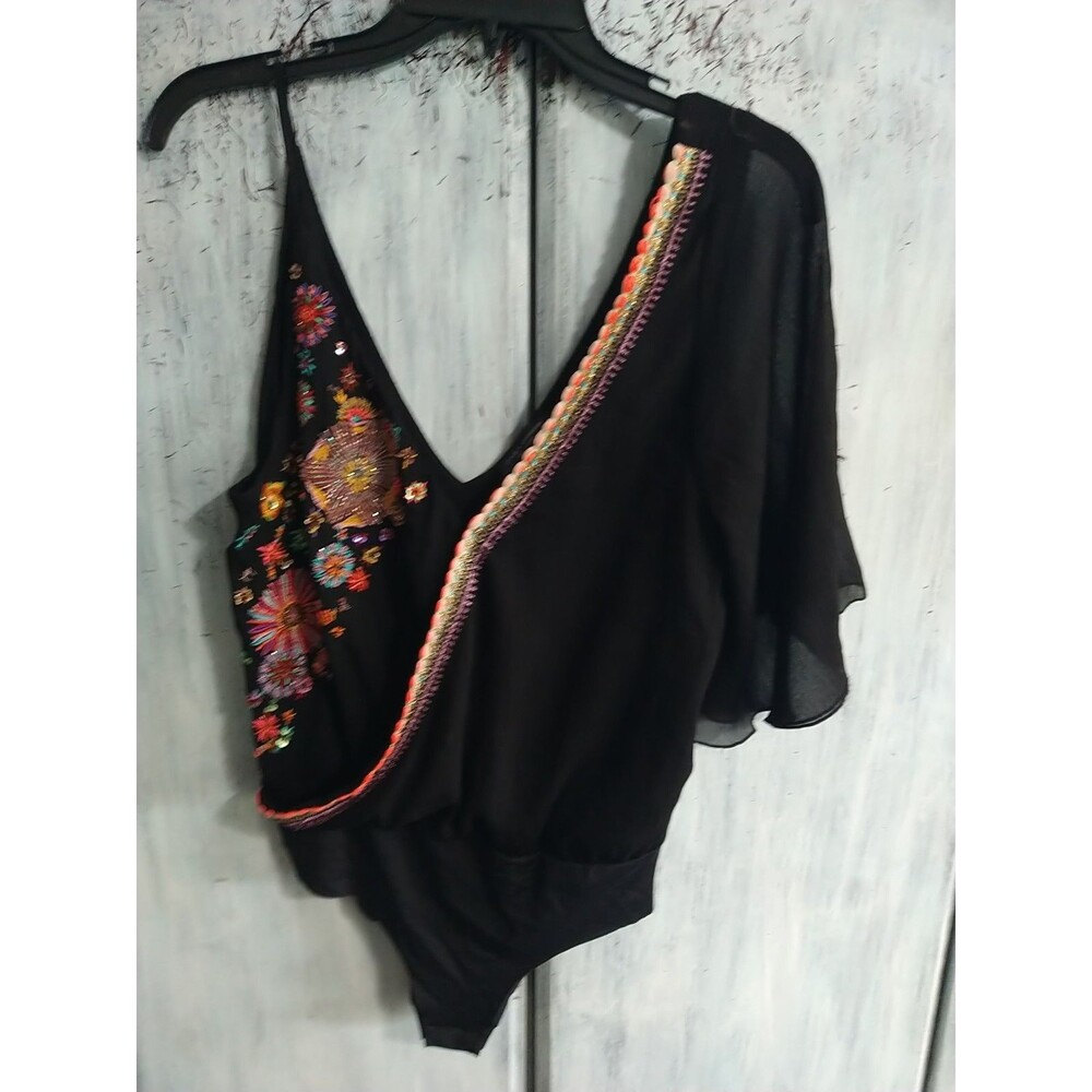 Zara Embroidered Embellished Medium Flared Sleeved V-neck Bodysuit Medium...